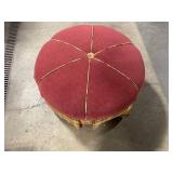 Round Velvet Ottoman with Cross-Lattice Top Straps and Plaid Tapestry Skirt