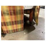 Round Velvet Ottoman with Cross-Lattice Top Straps and Plaid Tapestry Skirt
