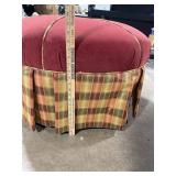 Round Velvet Ottoman with Cross-Lattice Top Straps and Plaid Tapestry Skirt