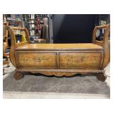 Vintage Wooden Sleigh Bed with Hand-Painted Floral Panels and Carved Details