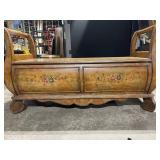 Vintage Wooden Sleigh Bed with Hand-Painted Floral Panels and Carved Details