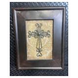 Framed Wrought Iron Cross Wall Art Panel with Damask Background