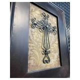 Framed Wrought Iron Cross Wall Art Panel with Damask Background