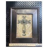 Framed Wrought Iron Cross Wall Art Panel with Damask Background