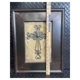 Framed Wrought Iron Cross Wall Art Panel with Damask Background