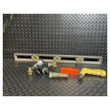 Assorted Tools and Hardware - Long Spirit Level with 3 Vials, Brass Fittings, and Cordless Drill