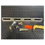 Assorted Tools and Hardware - Long Spirit Level with 3 Vials, Brass Fittings, and Cordless Drill