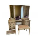 LLB - Antique Neoclassical Style Armoire with Carved Floral Details Vanity Set with Triple Mirror, Pair of Pedestals & Cane Bench
