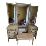 LLB - Antique Neoclassical Style Armoire with Carved Floral Details Vanity Set with Triple Mirror, Pair of Pedestals & Cane Bench