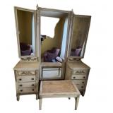 LLB - Antique Neoclassical Style Armoire with Carved Floral Details Vanity Set with Triple Mirror, Pair of Pedestals & Cane Bench