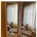 LLB - Antique Neoclassical Style Armoire with Carved Floral Details Vanity Set with Triple Mirror, Pair of Pedestals & Cane Bench