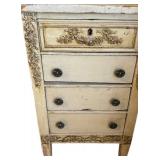 LLB - Antique Neoclassical Style Armoire with Carved Floral Details Vanity Set with Triple Mirror, Pair of Pedestals & Cane Bench