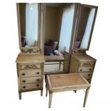 LLB - Antique Neoclassical Style Armoire with Carved Floral Details Vanity Set with Triple Mirror, Pair of Pedestals & Cane Bench
