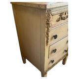 LLB - Antique Neoclassical Style Armoire with Carved Floral Details Vanity Set with Triple Mirror, Pair of Pedestals & Cane Bench