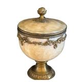 MB - Vintage French-Style Hand-Carved Onyx Marble Urn - Gilt Bronze Details