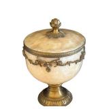 MB - Vintage French-Style Hand-Carved Onyx Marble Urn - Gilt Bronze Details