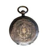 MB - Pocket Watch - 1.5 in Diameter, Roman Numeral Dial, Engraved Case