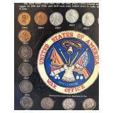 MB - Wartime Coinage Framed Display with 1942-1945 US Coins & 1967 Blue Book Handbook