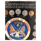 MB - Wartime Coinage Framed Display with 1942-1945 US Coins & 1967 Blue Book Handbook