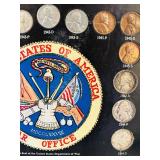 MB - Wartime Coinage Framed Display with 1942-1945 US Coins & 1967 Blue Book Handbook
