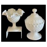 K - Milk Glass Lidded Diamond Pattern Compote and Hob Nail Ruffled Vase Piece Set