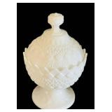 K - Milk Glass Lidded Diamond Pattern Compote and Hob Nail Ruffled Vase Piece Set