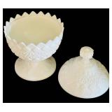 K - Milk Glass Lidded Diamond Pattern Compote and Hob Nail Ruffled Vase Piece Set