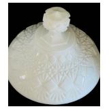 K - Milk Glass Lidded Diamond Pattern Compote and Hob Nail Ruffled Vase Piece Set