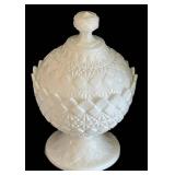 K - Milk Glass Lidded Diamond Pattern Compote and Hob Nail Ruffled Vase Piece Set