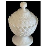 K - Milk Glass Lidded Diamond Pattern Compote and Hob Nail Ruffled Vase Piece Set