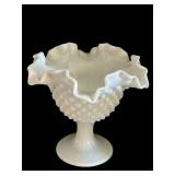 K - Milk Glass Lidded Diamond Pattern Compote and Hob Nail Ruffled Vase Piece Set