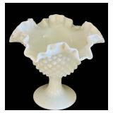 K - Milk Glass Lidded Diamond Pattern Compote and Hob Nail Ruffled Vase Piece Set