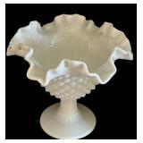 K - Milk Glass Lidded Diamond Pattern Compote and Hob Nail Ruffled Vase Piece Set