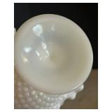 K - Milk Glass Lidded Diamond Pattern Compote and Hob Nail Ruffled Vase Piece Set