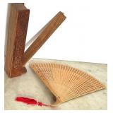 K - Hand-Carved Wooden Folding Fan with Calligraphy-Style Panels and Stand