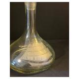 LL - Vintage Glass Decanter with Stopper, Etched Sailing Ship Pattern