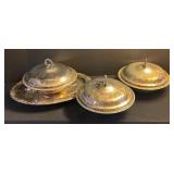 LL - Silver Plated 16 Inch Oval Platter with 3 Lidded Tureens & Casserole Holder