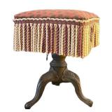 LL - Vintage Upholstered Stool with Rope Fringe - Damask Pattern, Metal Base