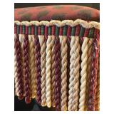 LL - Vintage Upholstered Stool with Rope Fringe - Damask Pattern, Metal Base