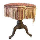 LL - Vintage Upholstered Stool with Rope Fringe - Damask Pattern, Metal Base