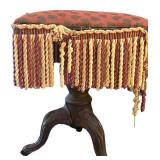 LL - Vintage Upholstered Stool with Rope Fringe - Damask Pattern, Metal Base