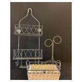 LL - Shower Caddy Stand with Diamond-Mesh Baskets and Wicker Basket Base