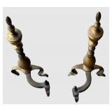 G - Pair of Antique Queen Anne Style Brass Claw Foot Andirons / Firedogs