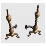 G - Pair of Antique Queen Anne Style Brass Claw Foot Andirons / Firedogs