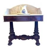 MB - Antique Victorian Style Walnut Marble-Top Washstand with Basin & Pitcher