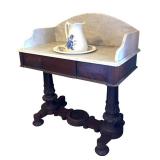 MB - Antique Victorian Style Walnut Marble-Top Washstand with Basin & Pitcher