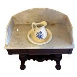MB - Antique Victorian Style Walnut Marble-Top Washstand with Basin & Pitcher