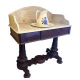 MB - Antique Victorian Style Walnut Marble-Top Washstand with Basin & Pitcher