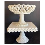 MB - Vintage Milk Glass Compote Dish & Vintage Indiana Glass Square Pedestal Cake Stand Set
