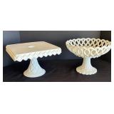 MB - Vintage Milk Glass Compote Dish & Vintage Indiana Glass Square Pedestal Cake Stand Set